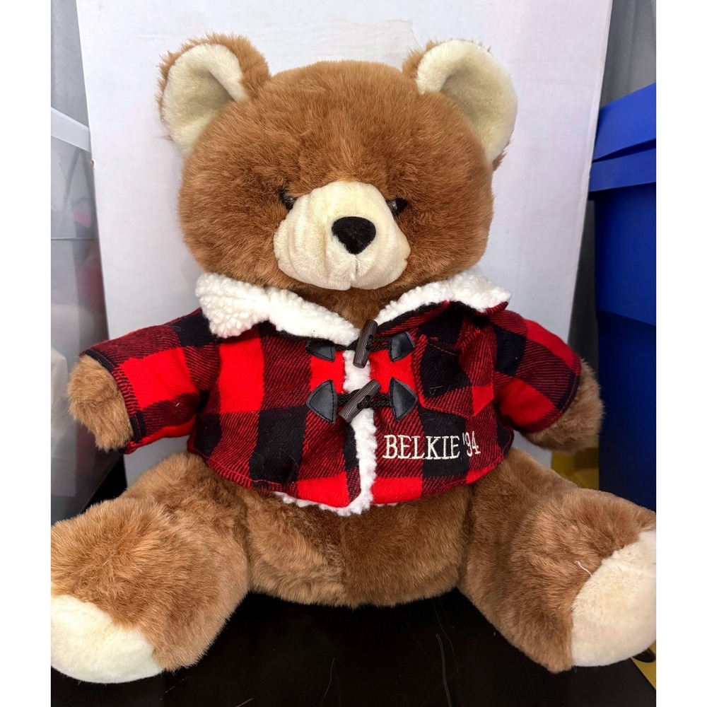 Belk Belkie Bear 1994 Vintage Plush Red Buffalo Plaid Toggle Jacket Teddy Bear
